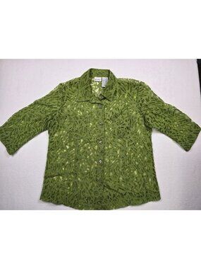 Womens Green Sheer Floral Leaf Pattern Button-Up Blouse Size L White Stag